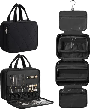 HBlife Travel Toiletry Bag with Jewelry Organizer for Women, Puffy Hanging Travel Bag for Toiletries with Trolley Belt, Waterproof Makeup Cosmetic Bag, Carry-on Travel Accessories Essentials(Black, M)