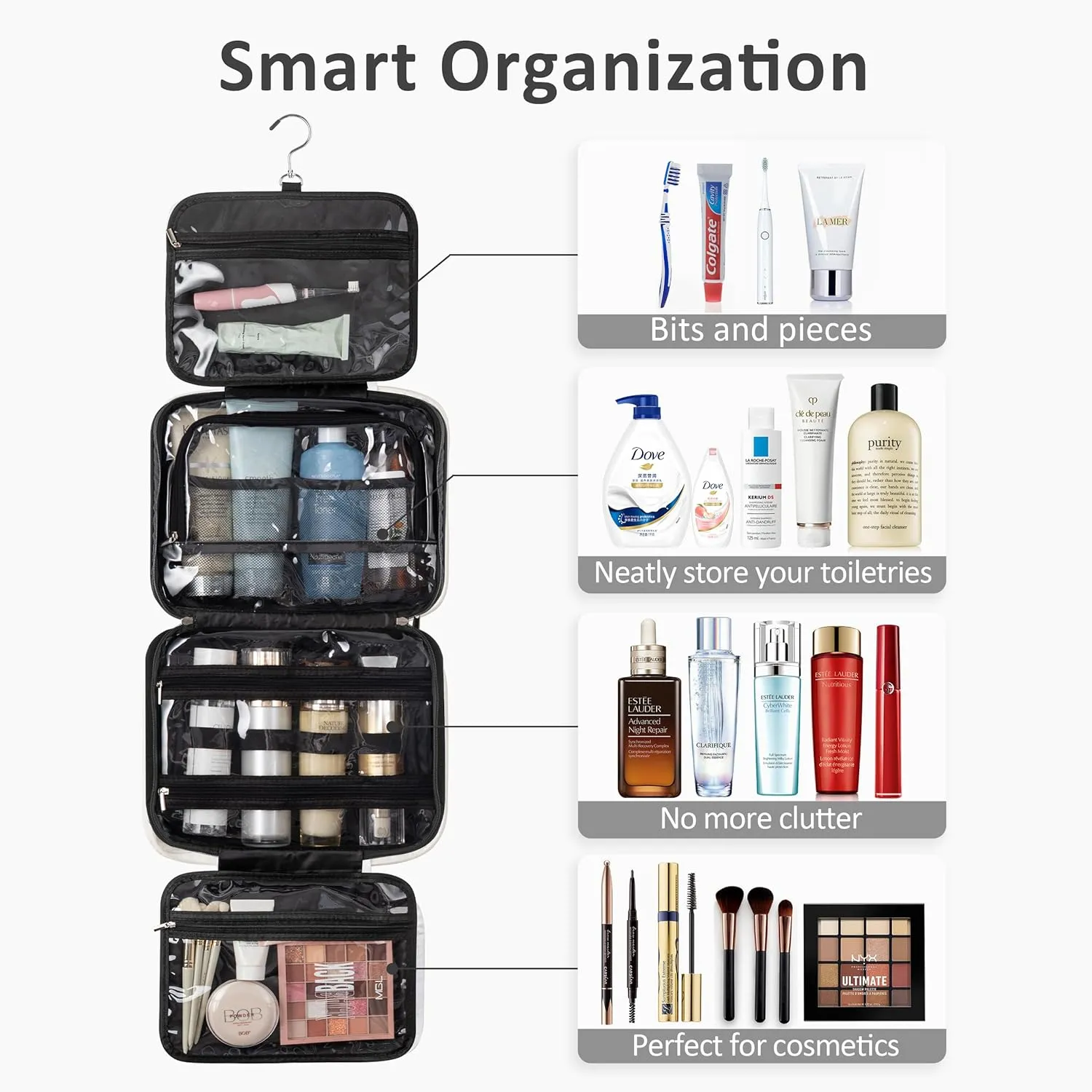 HBlife Travel Toiletry Bag with Jewelry Organizer for Women, Puffy Hanging Travel Bag for Toiletries with Trolley Belt, Waterproof Makeup Cosmetic Bag, Carry-on Travel Accessories Essentials(Black, M)