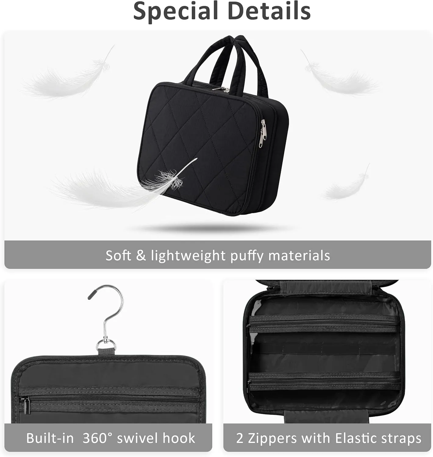 HBlife Travel Toiletry Bag with Jewelry Organizer for Women, Puffy Hanging Travel Bag for Toiletries with Trolley Belt, Waterproof Makeup Cosmetic Bag, Carry-on Travel Accessories Essentials(Black, M)
