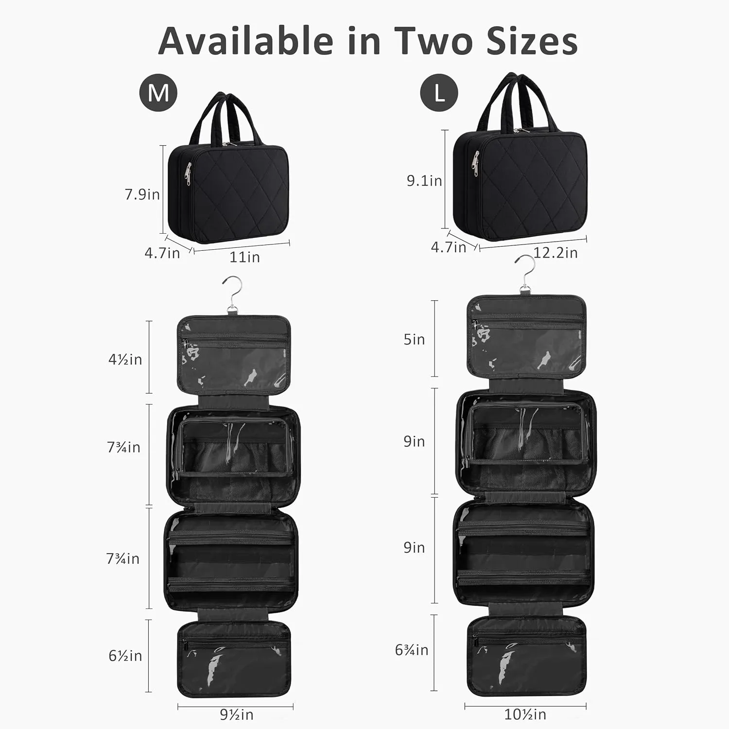 HBlife Travel Toiletry Bag with Jewelry Organizer for Women, Puffy Hanging Travel Bag for Toiletries with Trolley Belt, Waterproof Makeup Cosmetic Bag, Carry-on Travel Accessories Essentials(Black, M)