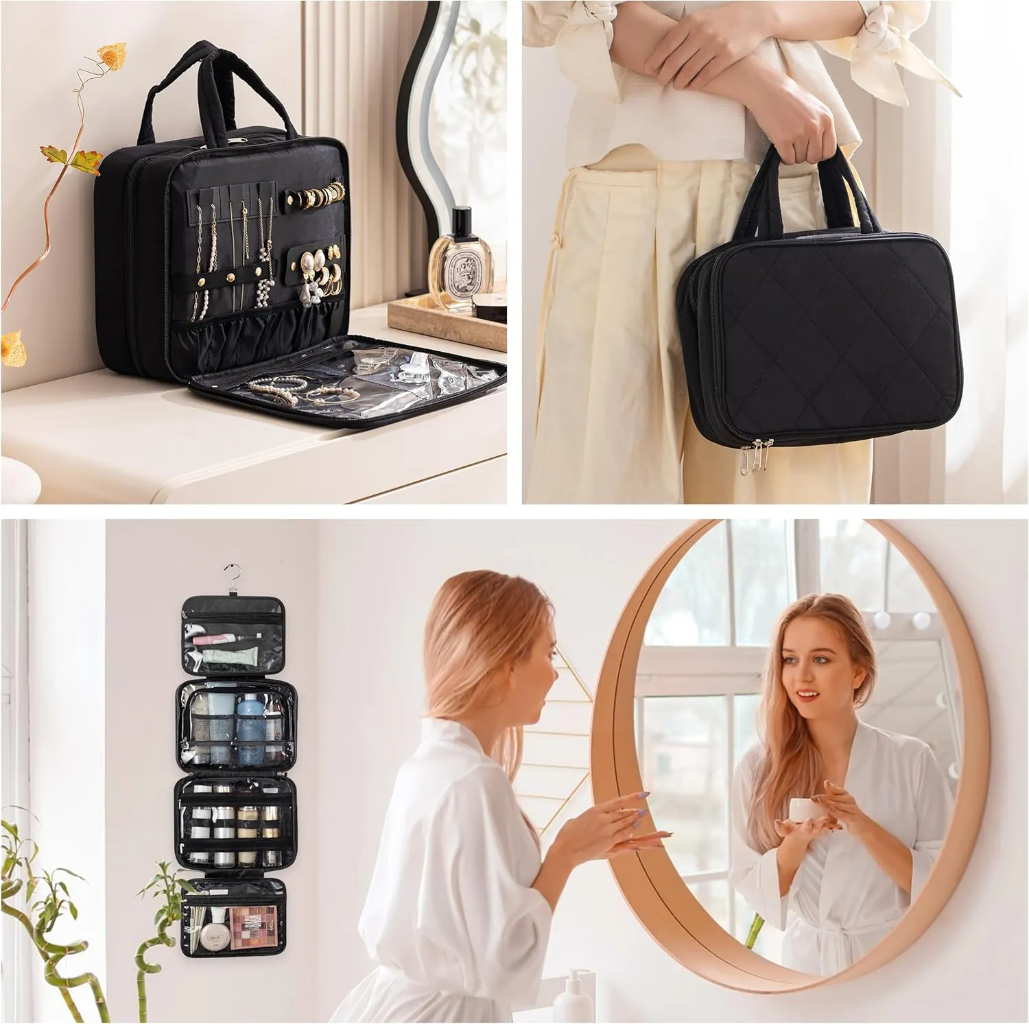 HBlife Travel Toiletry Bag with Jewelry Organizer for Women, Puffy Hanging Travel Bag for Toiletries with Trolley Belt, Waterproof Makeup Cosmetic Bag, Carry-on Travel Accessories Essentials(Black, M)