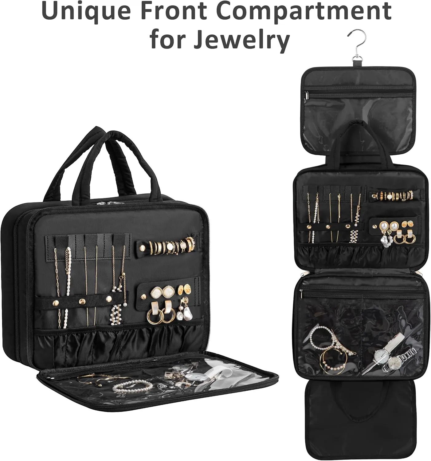 HBlife Travel Toiletry Bag with Jewelry Organizer for Women, Puffy Hanging Travel Bag for Toiletries with Trolley Belt, Waterproof Makeup Cosmetic Bag, Carry-on Travel Accessories Essentials(Black, M)
