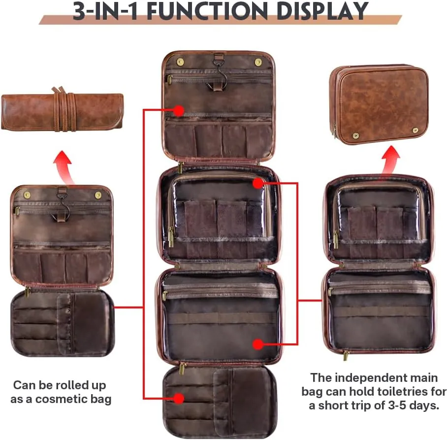 HDSD Custom Men‘s 3-in-1 PU Leather Toiletry Bag Personalized Hanging Travel Organizer Bag for Father Husband Boyfriend (Red Brown)