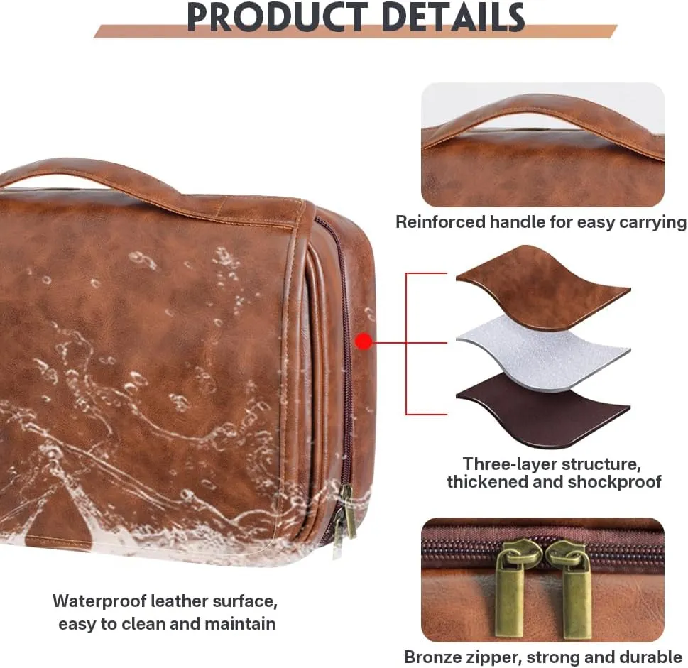 HDSD Custom Men‘s 3-in-1 PU Leather Toiletry Bag Personalized Hanging Travel Organizer Bag for Father Husband Boyfriend (Red Brown)