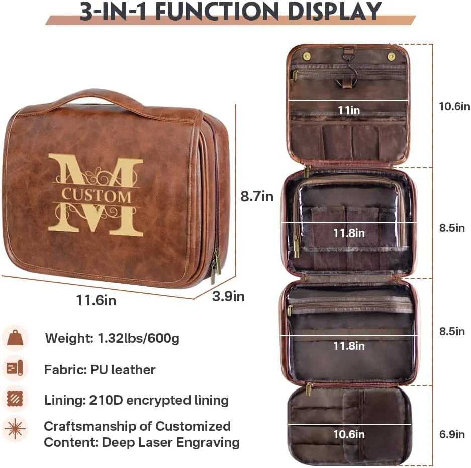 HDSD Custom Men‘s 3-in-1 PU Leather Toiletry Bag Personalized Hanging Travel Organizer Bag for Father Husband Boyfriend (Red Brown)