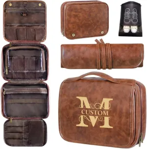 HDSD Custom Men‘s 3-in-1 PU Leather Toiletry Bag Personalized Hanging Travel Organizer Bag for Father Husband Boyfriend (Red Brown)