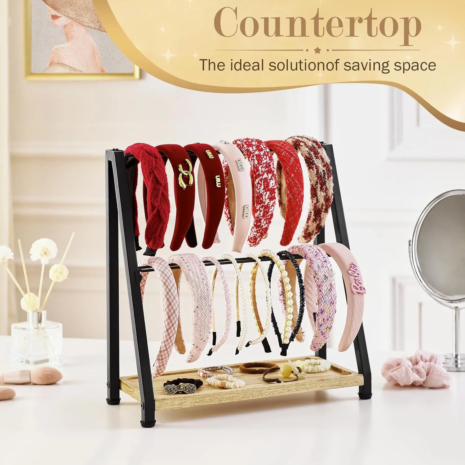 Headband Holder Organizer Metal 2-Tier Display Stand for Selling, Home Bedroom Headband Storage for Girls Women, Headband Stand Wood Base Can Store Hair Ties, Black