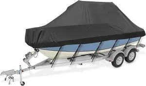 Heavy Duty 300D Waterproof Boat Cover Marine Grade Durable and Tear Proof Waterproof Dustproof UV Boat Cover, 11-27ft Full Size for V-Hull Runabouts and Bass Boats, with Storage Bag,21to24ft