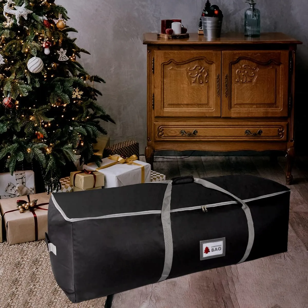 Heavy Duty Oxford Christmas Tree Storage Bag with Extra Padded Handles| Waterproof Oxford Artificial Tree Storage Bag | 51" L x 16" W x 16" H, ID Card Included (Black)