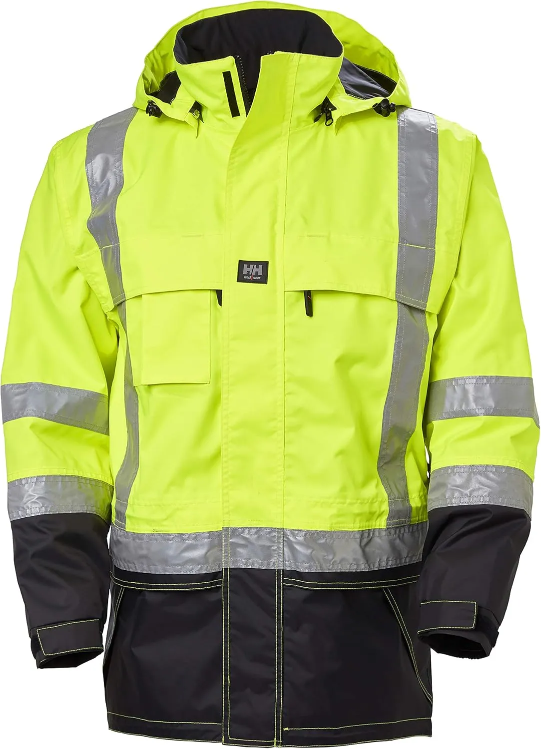 Helly-Hansen Potsdam Men's Hi Vis Rain Jacket - Waterproof/Windproof Workwear with Detachable Helmet-Sized Hood, ANSI Class 3