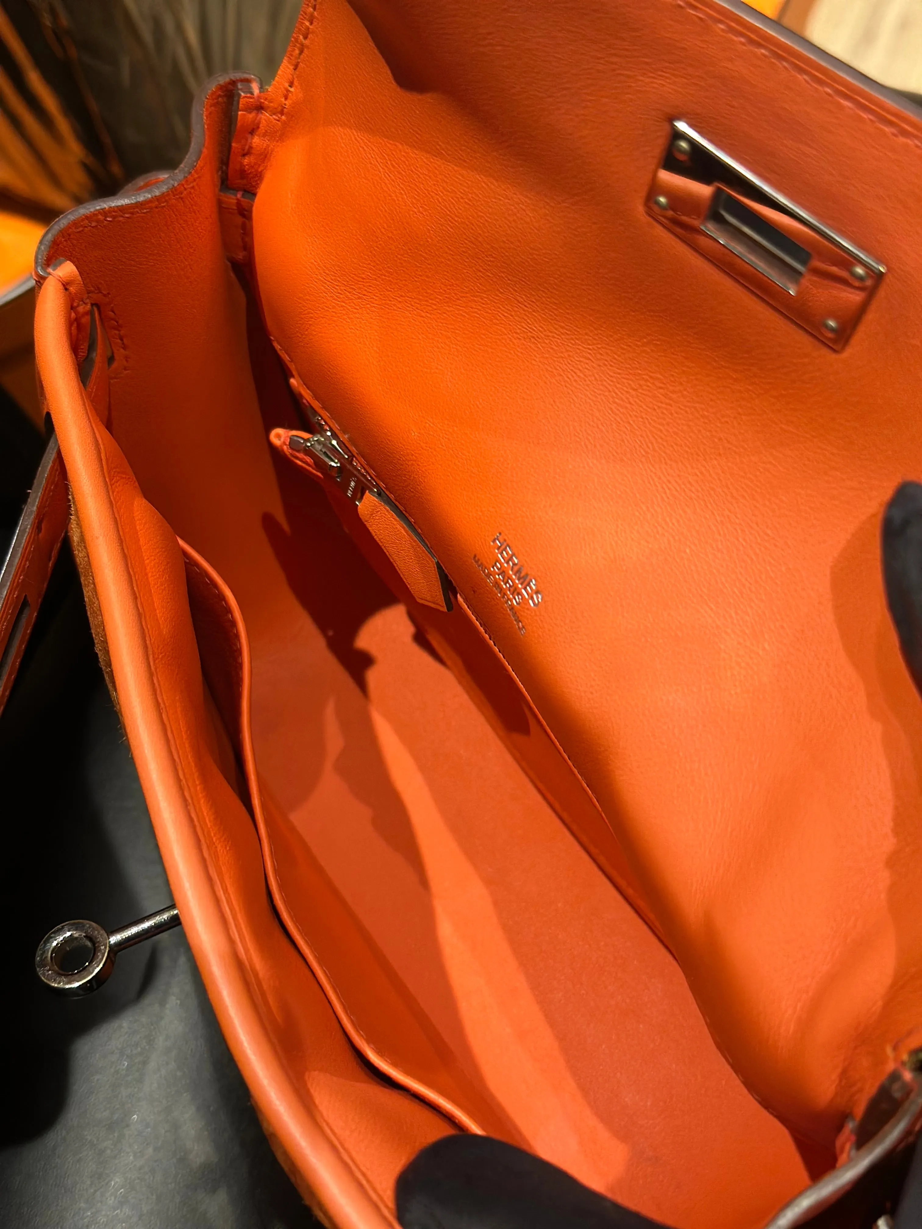 HERMÈS - BERLINE CROSSBODY BAG ORANGE LEATHER & SUEDE RUTHÉNIUM HARDWARE