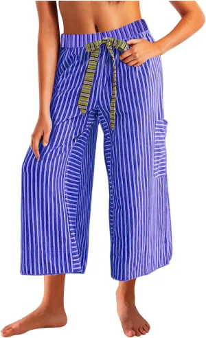 HGps8w Striped Wide Leg Pants for Women Capris - Casual Elastic Waist Versatile Business Work Lounge Pants with Pockets