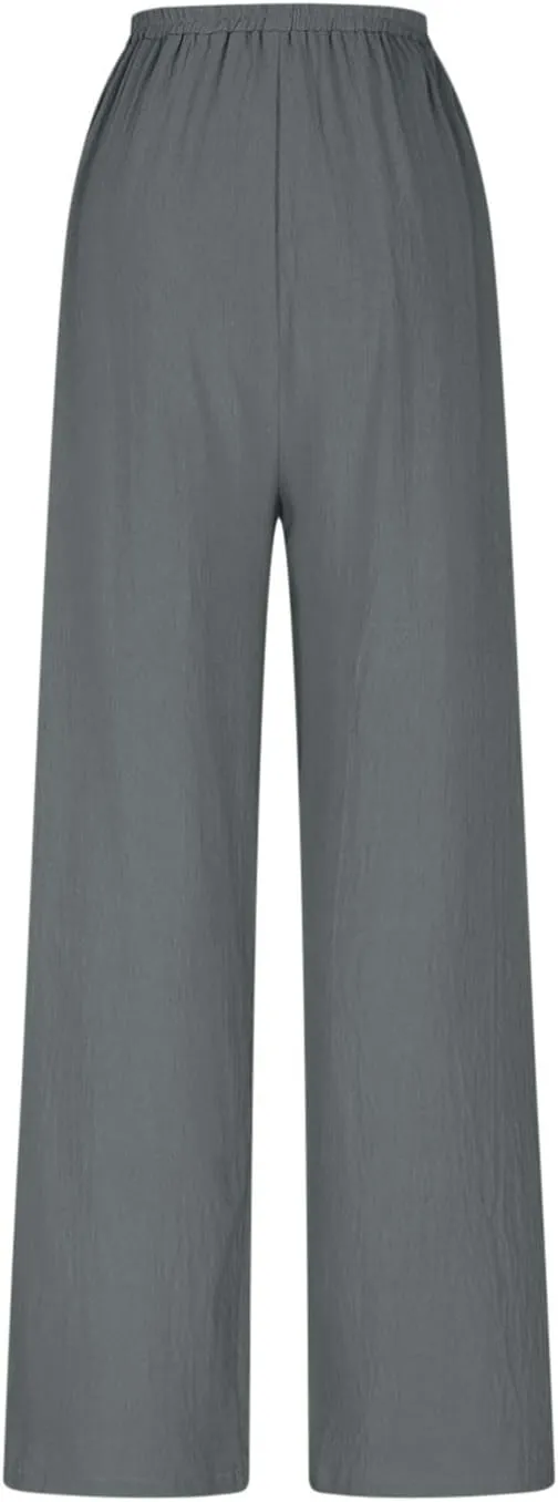 HGps8w Women's Boho Cotton Linen Palazzo Pants Trendy Wide Leg Summer Loose High Waisted Lounge Beach Trousers with Pockets
