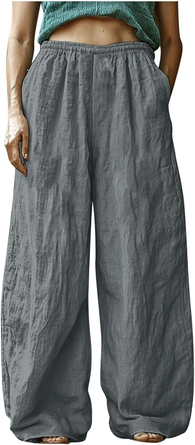 HGps8w Women's Boho Cotton Linen Palazzo Pants Trendy Wide Leg Summer Loose High Waisted Lounge Beach Trousers with Pockets