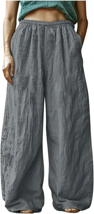 HGps8w Women's Boho Cotton Linen Palazzo Pants Trendy Wide Leg Summer Loose High Waisted Lounge Beach Trousers with Pockets