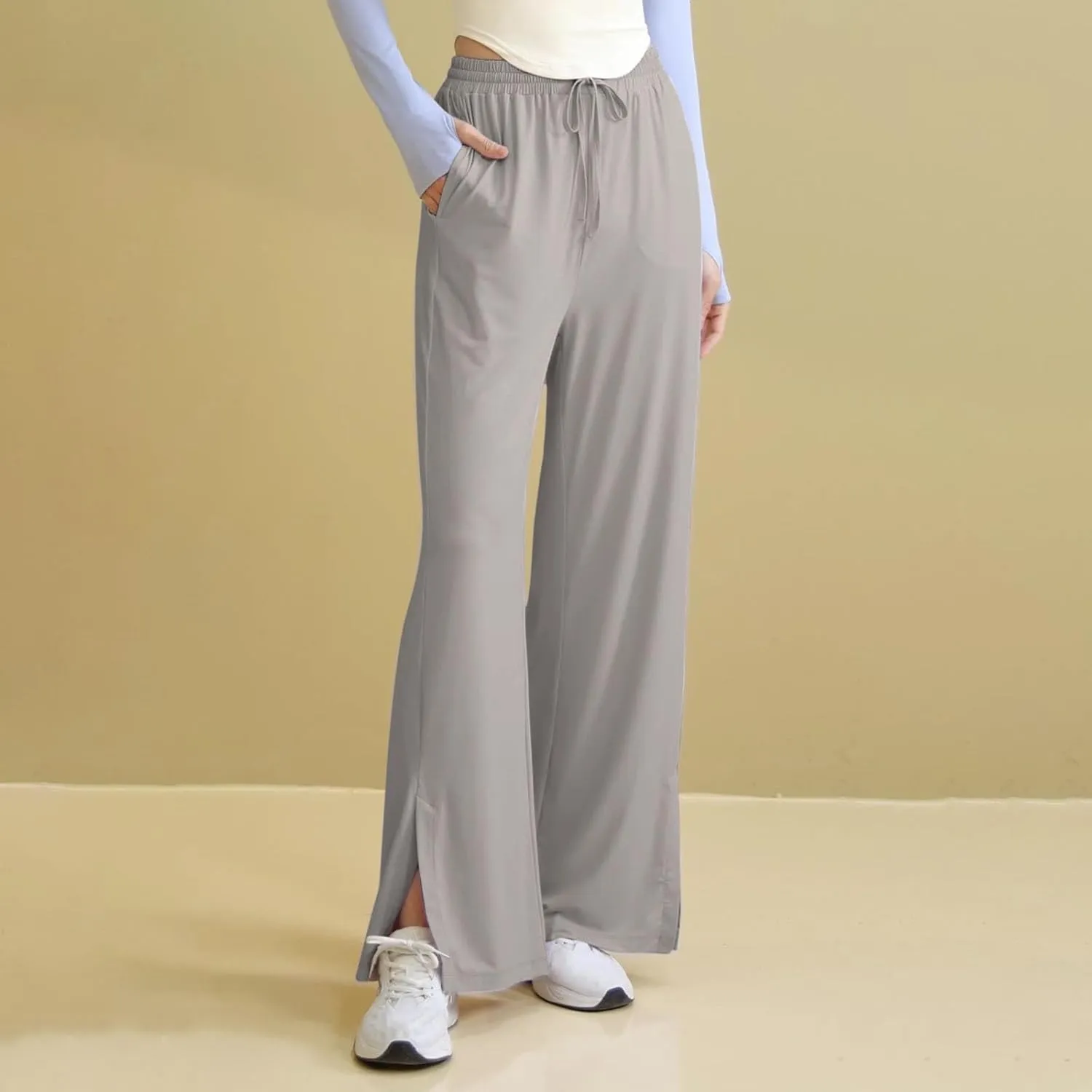 HGps8w Women's Summer Thin Split Front Palazzo Pants Wide Leg Elastic High Waisted Loose Lounge Trousers with Pockets