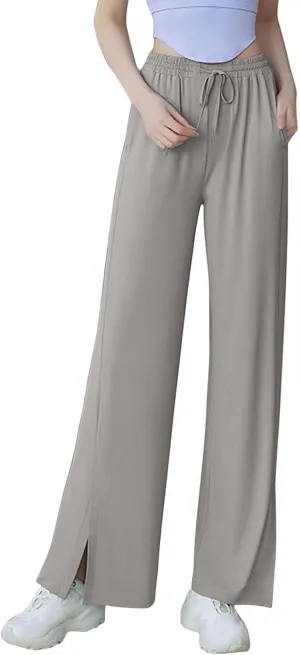 HGps8w Women's Summer Thin Split Front Palazzo Pants Wide Leg Elastic High Waisted Loose Lounge Trousers with Pockets