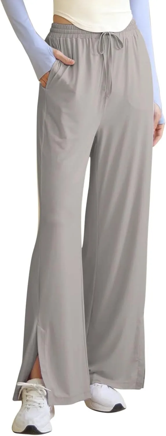 HGps8w Women's Summer Thin Split Front Palazzo Pants Wide Leg Elastic High Waisted Loose Lounge Trousers with Pockets
