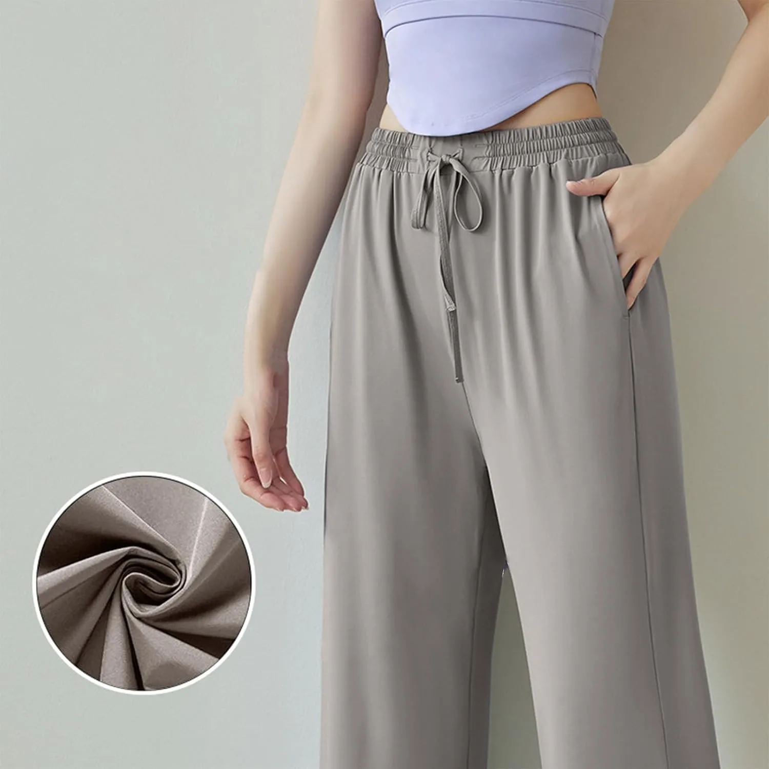 HGps8w Women's Summer Thin Split Front Palazzo Pants Wide Leg Elastic High Waisted Loose Lounge Trousers with Pockets