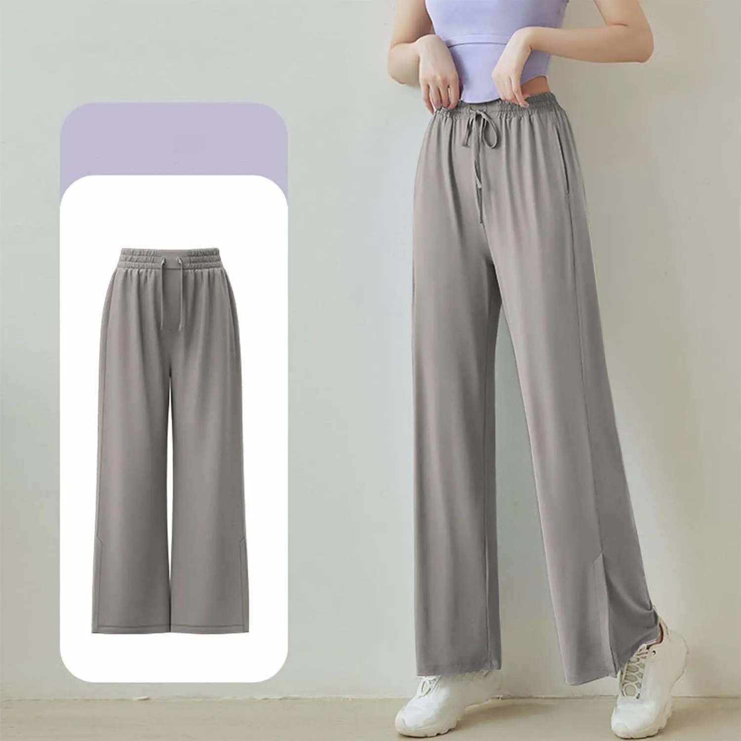 HGps8w Women's Summer Thin Split Front Palazzo Pants Wide Leg Elastic High Waisted Loose Lounge Trousers with Pockets