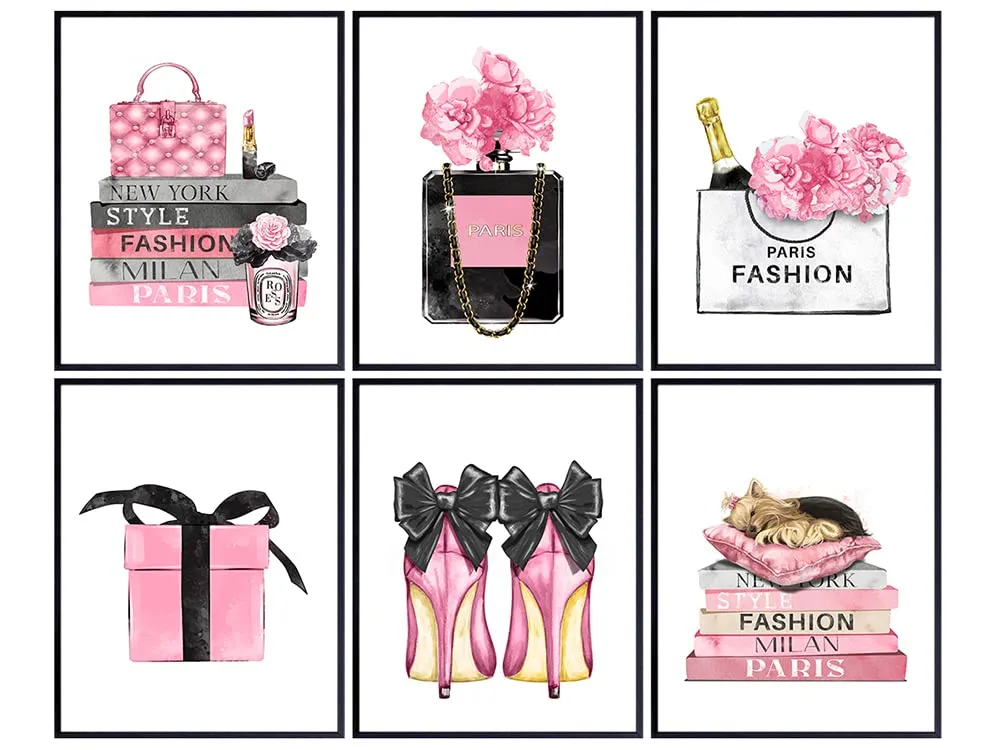 High Fashion Design Wall Decor - Glam Poster Set -0f 6 - Designer Shoes, Perfume, Handbags - Pink Glamour Wall Art Gifts for Women, Girls Room, Teens Bedroom - Luxury Couture Print Pictures Unframed
