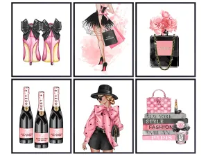 High Fashion Design Wall Decor - Glam Wall Decor - Designer Handbags, Perfume, Shoes - Living Room Picture for Women, Girls Bedroom - Pink Art - Luxury Glamour Art - Designer Decoration