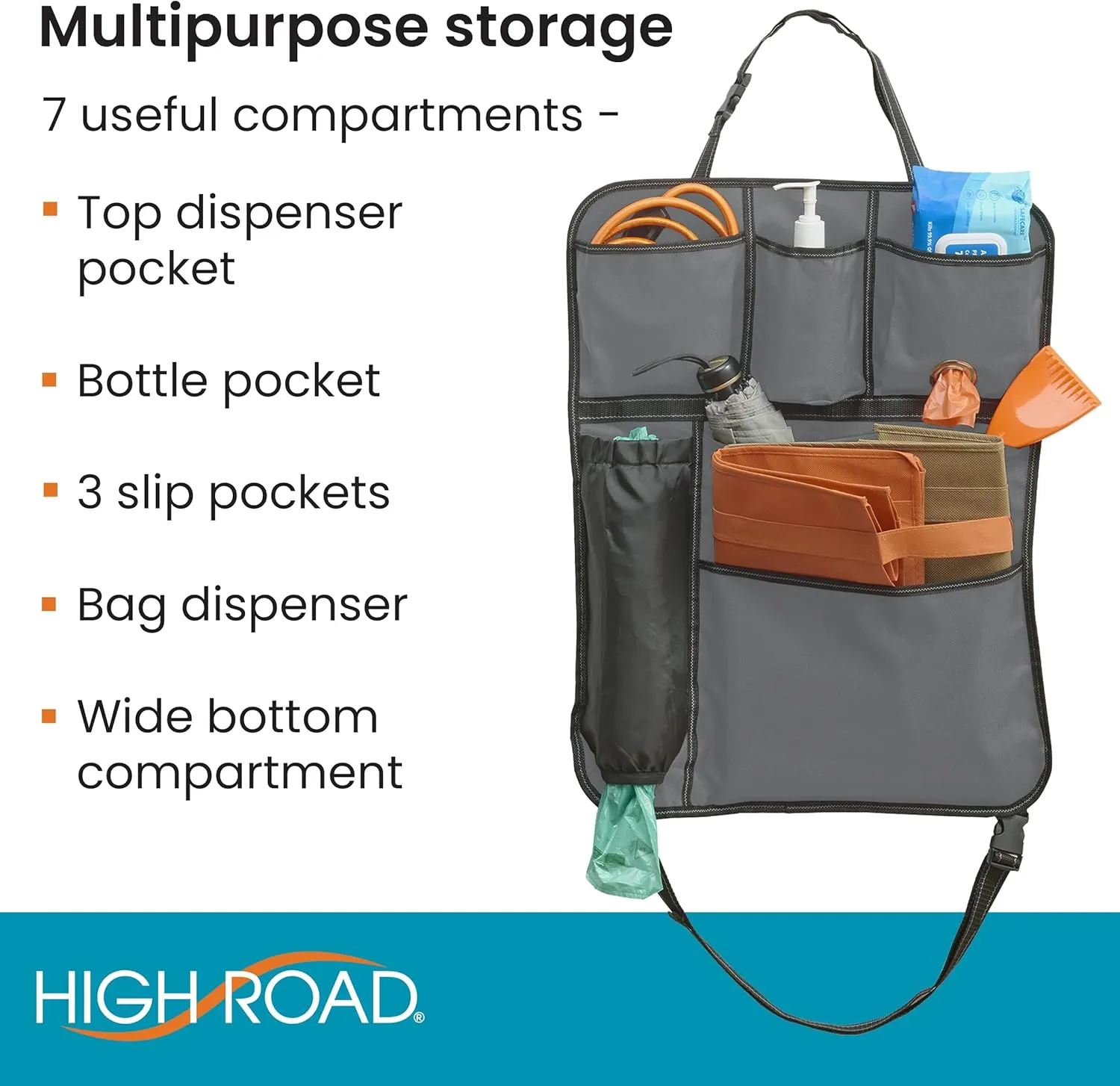 High Road BackPockets Seat Back Organizer - Back of Seat Organizer and Seat Protector with Storage Pockets and Bag Dispensers for Car, SUV, Truck or Van