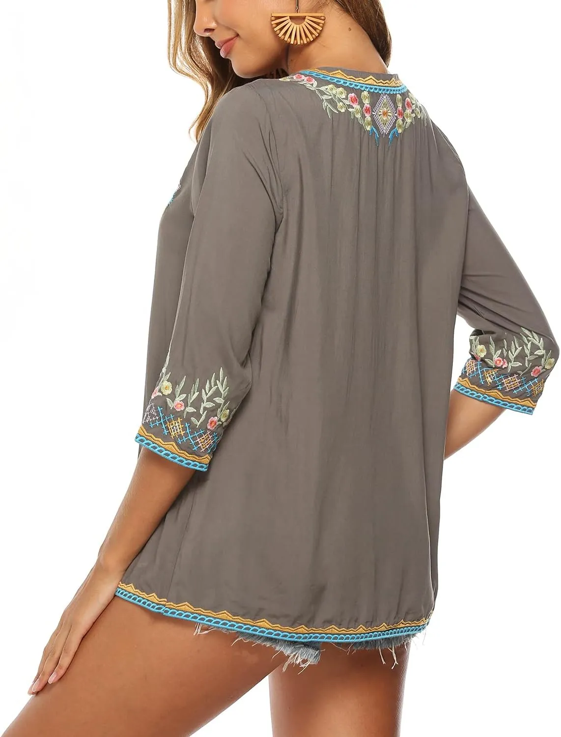 Higustar Mexican Tops for Women Embroidered Shirts Bohemian Hippie Clothes Tunic Fiesta Plus Size Boho Peasant Blouses