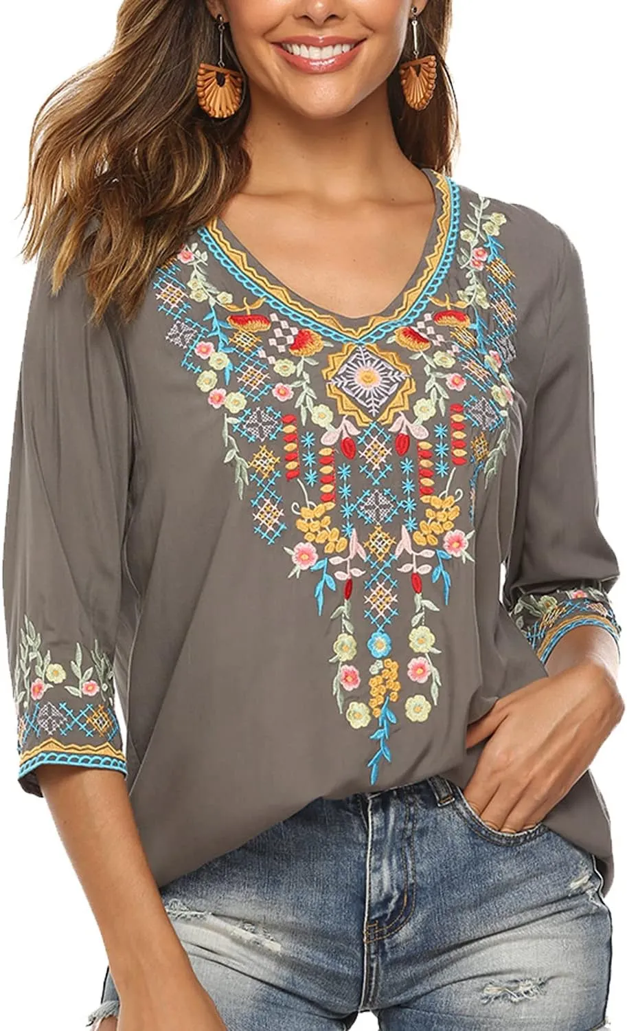Higustar Mexican Tops for Women Embroidered Shirts Bohemian Hippie Clothes Tunic Fiesta Plus Size Boho Peasant Blouses