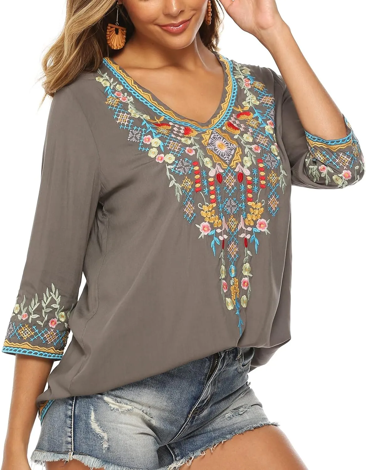 Higustar Mexican Tops for Women Embroidered Shirts Bohemian Hippie Clothes Tunic Fiesta Plus Size Boho Peasant Blouses