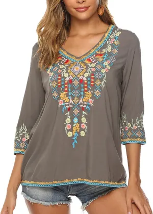 Higustar Mexican Tops for Women Embroidered Shirts Bohemian Hippie Clothes Tunic Fiesta Plus Size Boho Peasant Blouses