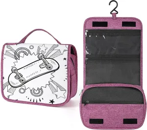 Hipster Pattern,Toiletry Bag for Women,Sketch of A Skateboard Pop Art,Water-resistant Hanging Bathroom Travel Makeup Organizer,Cosmetic Case Traveling for Full Accessories,Black White