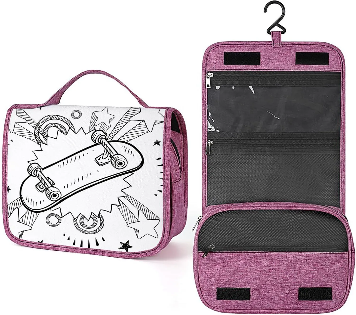 Hipster Pattern,Toiletry Bag for Women,Sketch of A Skateboard Pop Art,Water-resistant Hanging Bathroom Travel Makeup Organizer,Cosmetic Case Traveling for Full Accessories,Black White
