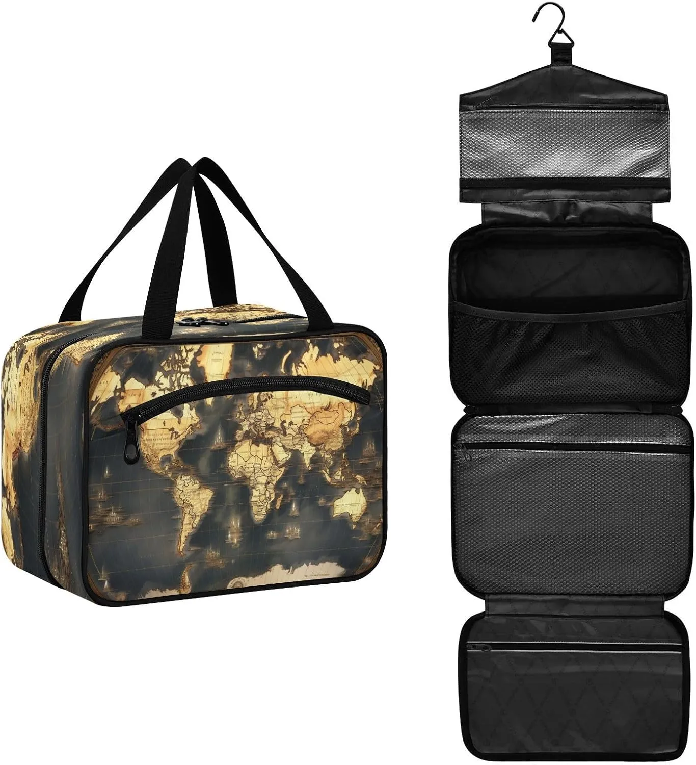 Historic World Map Toiletry Bag, Large Waterproof Hanging Travel Makeup Organizer Bag, Portable Travel Cosmetic Bag with Handle for Women and Men, Large