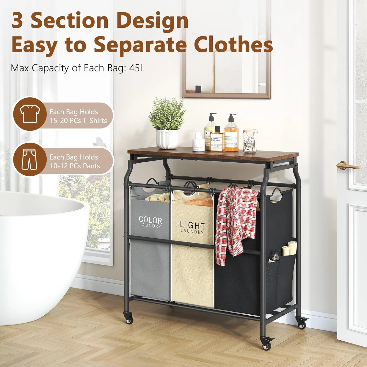 Hoctieon 3 Section Laundry Sorter Cart with Ironing Board, Laundry Hamper Basket with Shelf and Wheels, Heavy Duty Clothes Organizer, Large Clothes Separator with Removable Bags, Black Gray Beige