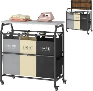 Hoctieon 3 Section Laundry Sorter Cart with Ironing Board, Laundry Hamper Basket with Shelf and Wheels, Heavy Duty Clothes Organizer, Large Clothes Separator with Removable Bags, Black Gray Beige
