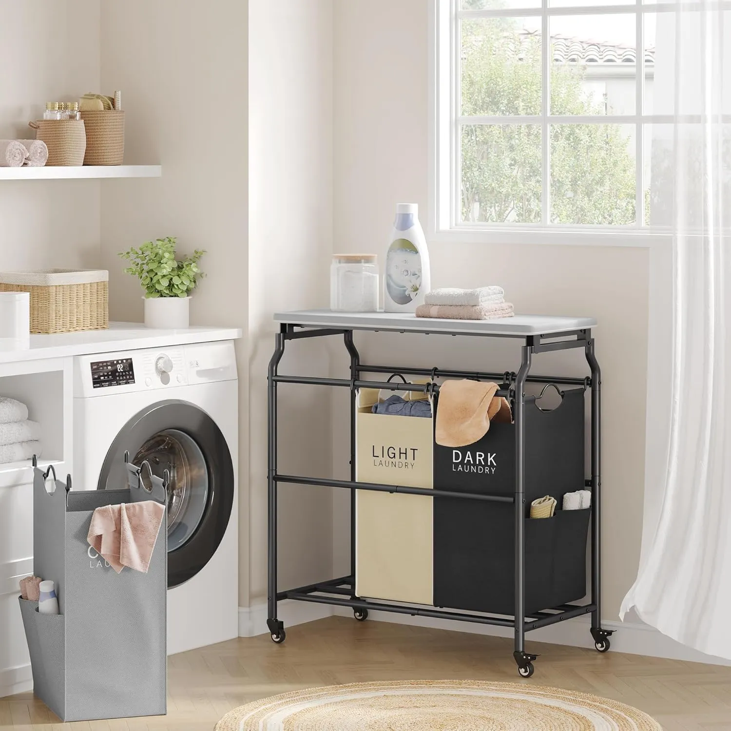 Hoctieon 3 Section Laundry Sorter Cart with Ironing Board, Laundry Hamper Basket with Shelf and Wheels, Heavy Duty Clothes Organizer, Large Clothes Separator with Removable Bags, Black Gray Beige