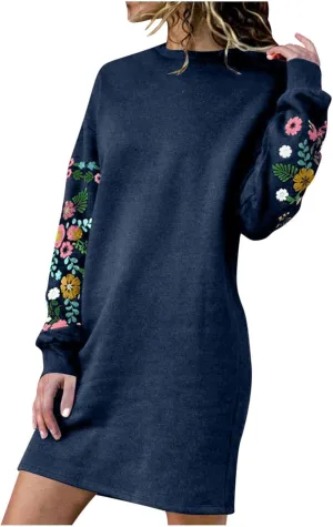 Holiday Party Dresses for Women 2024 Winter Fall Long Sleeve Crewneck Sweatshirt Dress Casual Aztec Ethnic Mini Dress