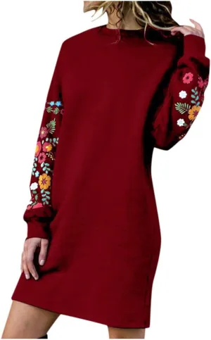 Holiday Party Dresses for Women 2024 Winter Fall Long Sleeve Crewneck Sweatshirt Dress Casual Aztec Ethnic Mini Dress