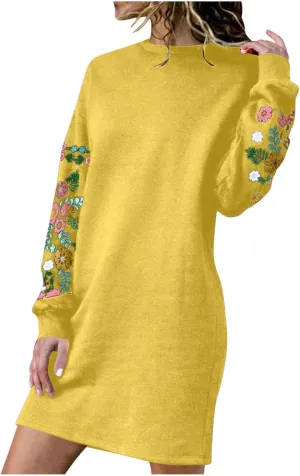 Holiday Party Dresses for Women 2024 Winter Fall Long Sleeve Crewneck Sweatshirt Dress Casual Aztec Ethnic Mini Dress