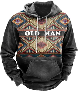 Hooded Sweatshirts for Men Casual Loose Ethnic Print Graphic Tee Shirts Western Aztec Ethnic Long Sleeve Pullover