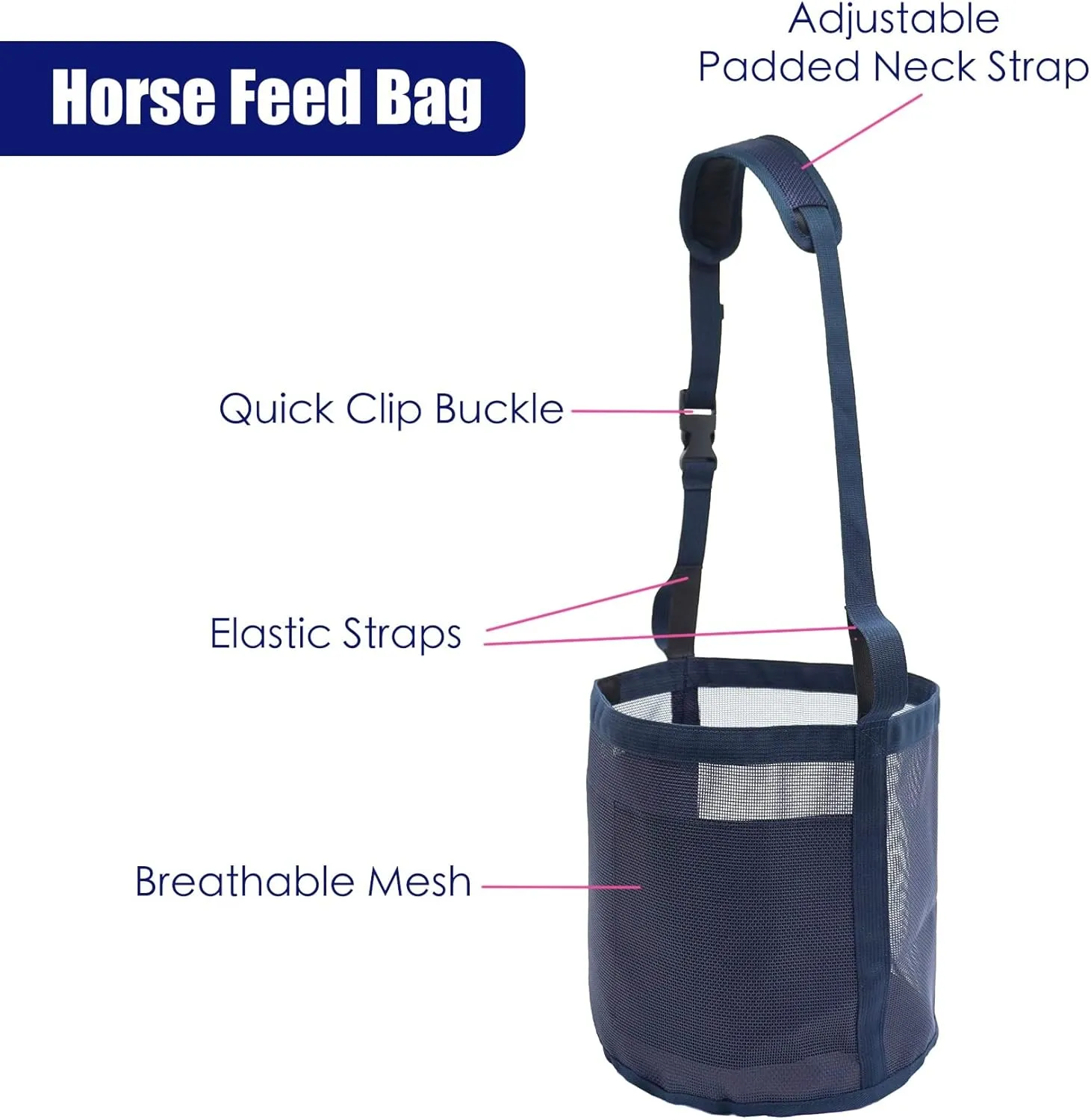 Horse Feed Bag for Grain - Heavy Duty Mesh Horse Feeder with Adjustable Strap,Comfort Neck Pad,Nose Pad and Waterproof Bottom Horse Muzzle Feed Bag(Medium,2pink)