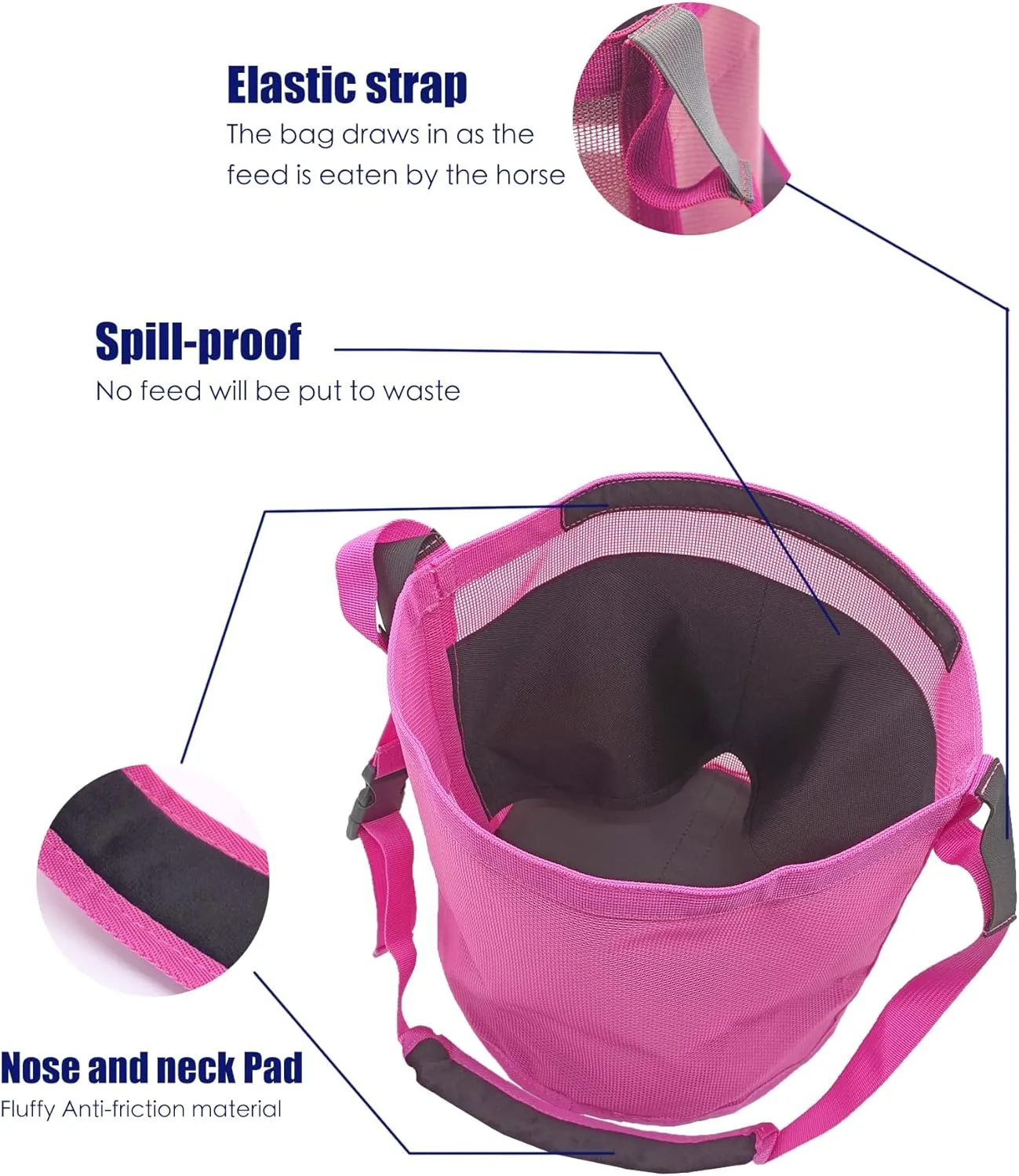 Horse Feed Bag for Grain - Heavy Duty Mesh Horse Feeder with Adjustable Strap,Comfort Neck Pad,Nose Pad and Waterproof Bottom Horse Muzzle Feed Bag(Medium,2pink)