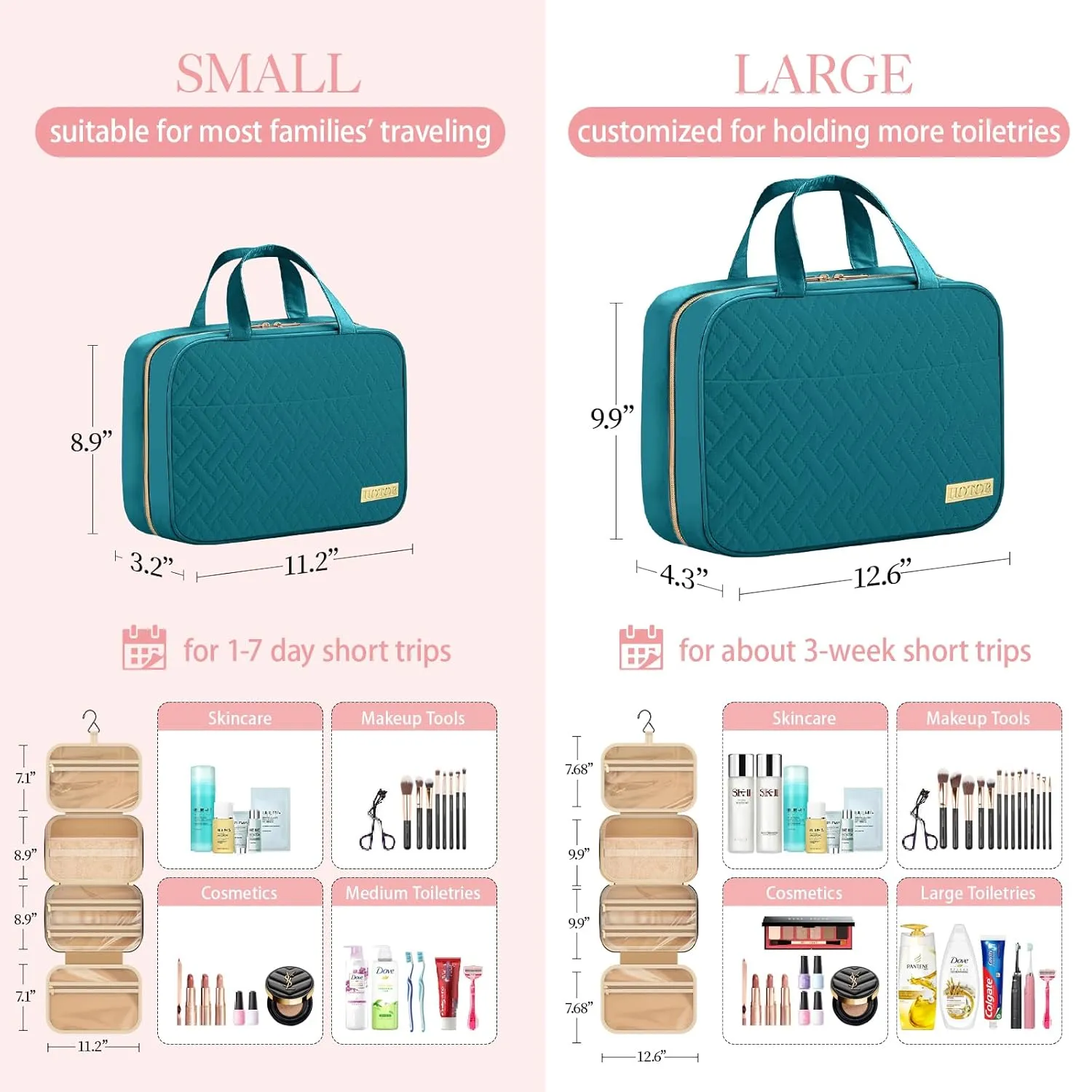 HOTOR Travel Toiletry Bag - Toiletry Bag w/Hanging Hook - Spacious Toiletry Bag for Women & Men, Makeup Bag/Big Comparment, Waterproof for Travel Accessories, Travel Essentials, Medium, Teal