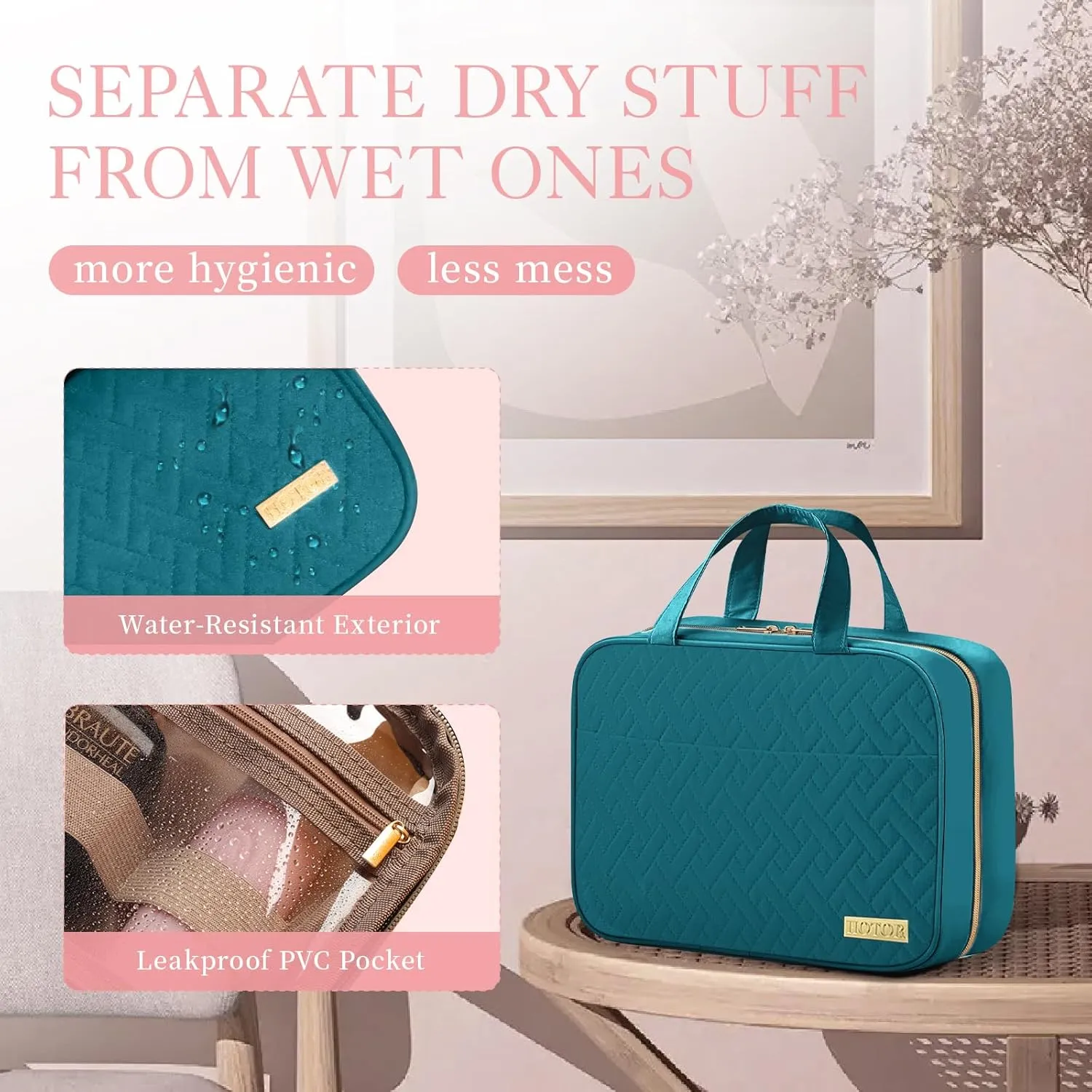 HOTOR Travel Toiletry Bag - Toiletry Bag w/Hanging Hook - Spacious Toiletry Bag for Women & Men, Makeup Bag/Big Comparment, Waterproof for Travel Accessories, Travel Essentials, Medium, Teal