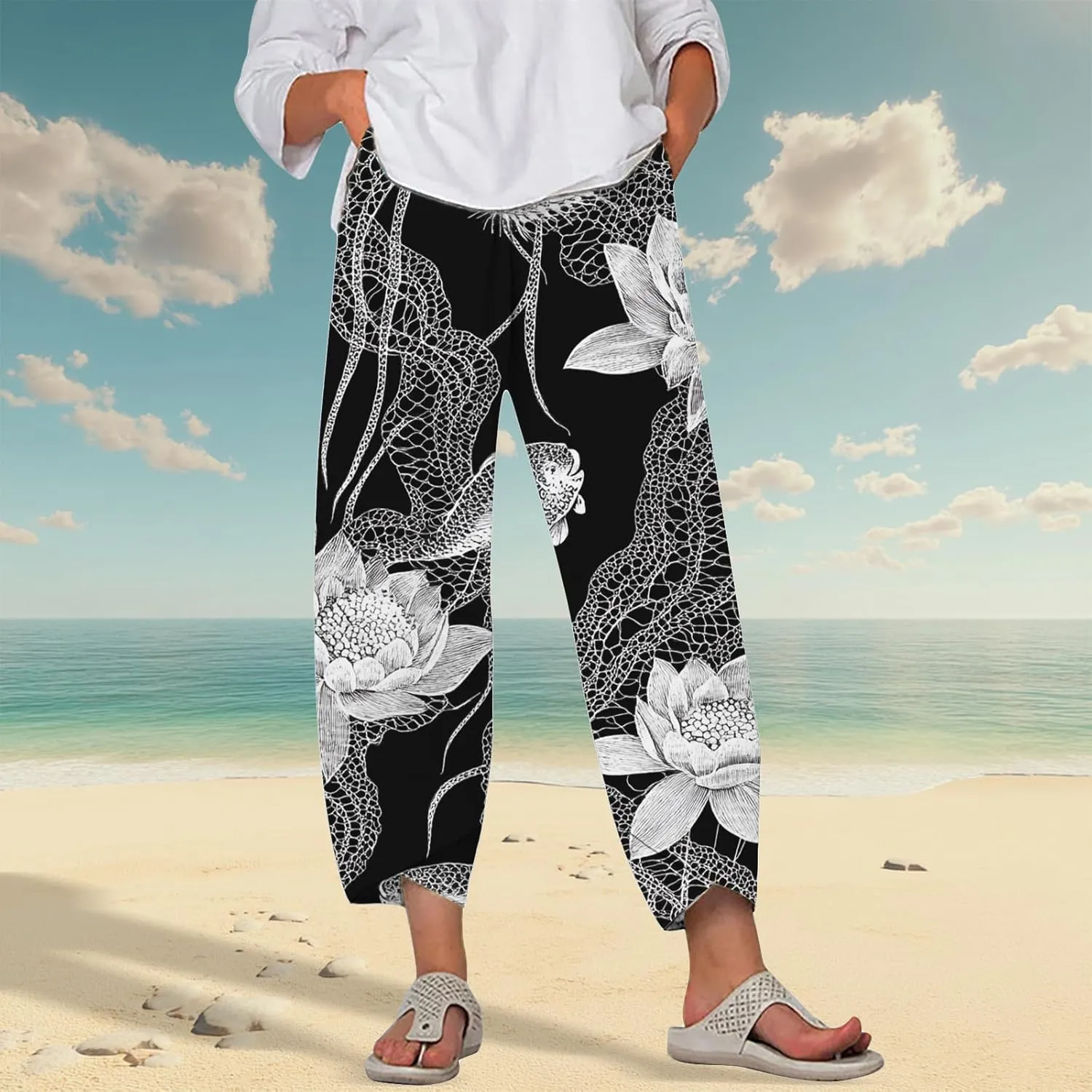 HOTYD Japanese Wige Leg Pants for Women Artist Linen Pants Womens Capri Pants Summer Baggy Cropped Trouser with Pockets