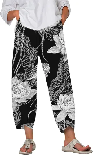 HOTYD Japanese Wige Leg Pants for Women Artist Linen Pants Womens Capri Pants Summer Baggy Cropped Trouser with Pockets