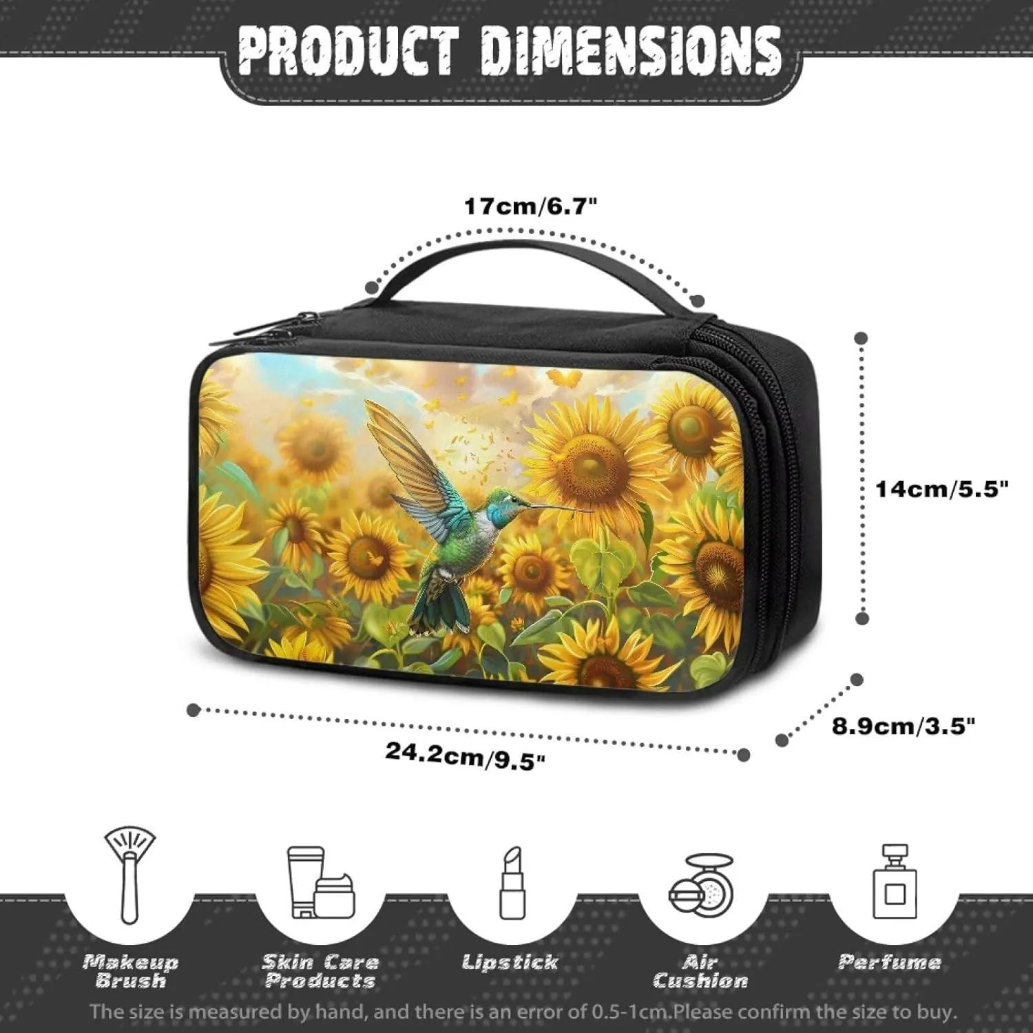Hummingbird Sunflower Travel Bag Organizer Travel Cosmetics Bag Makeup Bag with Brush Holder Portable Makeup Organizer Cosmetic Train Case Access Easily With Dual-Way Smooth Zipper