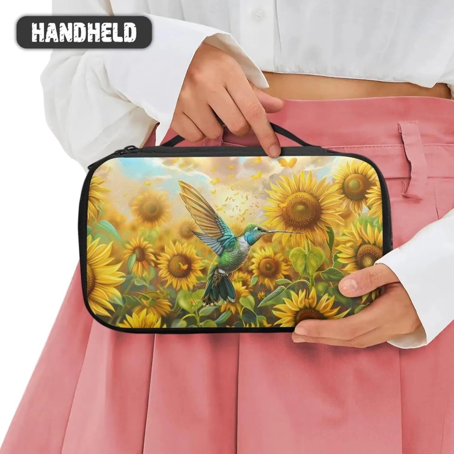 Hummingbird Sunflower Travel Bag Organizer Travel Cosmetics Bag Makeup Bag with Brush Holder Portable Makeup Organizer Cosmetic Train Case Access Easily With Dual-Way Smooth Zipper