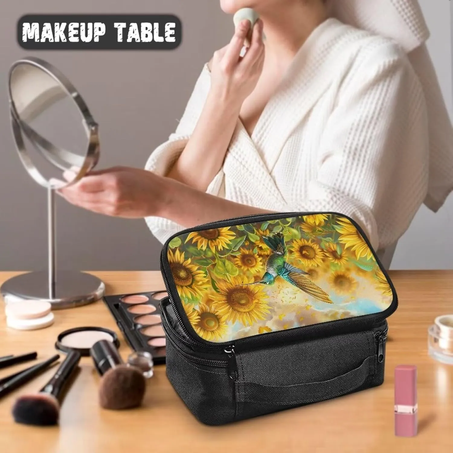 Hummingbird Sunflower Travel Bag Organizer Travel Cosmetics Bag Makeup Bag with Brush Holder Portable Makeup Organizer Cosmetic Train Case Access Easily With Dual-Way Smooth Zipper